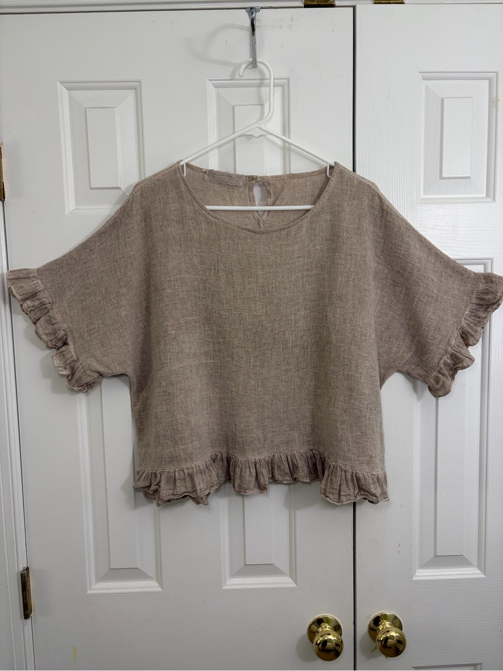 Lea & Luc Linen & Cotton Ruffle Hem Boxy Lagenlook Neutral Taupe Blouse L/XL